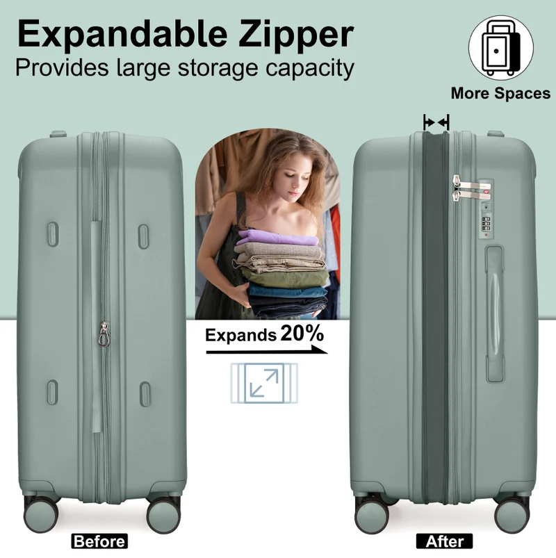 Cabinpro green Unisex Expandable Large Checked PP Fashion Trolley Lightweight Hard Shell Spinner luggage with 360° Degree 4 Twin Wheel and Double Zippers CP003 Green  | Best Price UAE